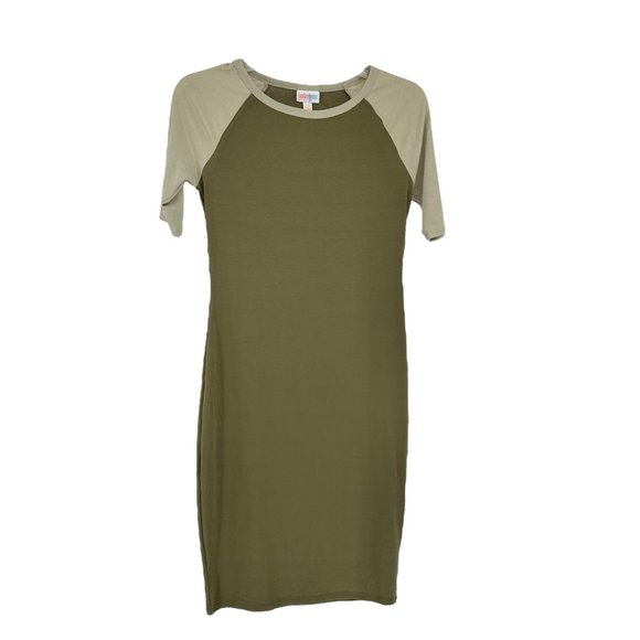 LuLaRoe Retired Julia Dress XXS Olive Green Beige Raglan SS Form Fit NWT - Picture 1 of 9